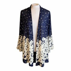 Ember Womens Kimono XL Navy Blue Floral Bell Sleeve Sheer Boho Gypsy Cardigan